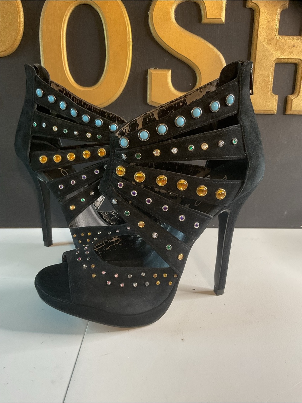 Aldo Black Suede Wing-Back Stiletto Heels with Multicolored Studs